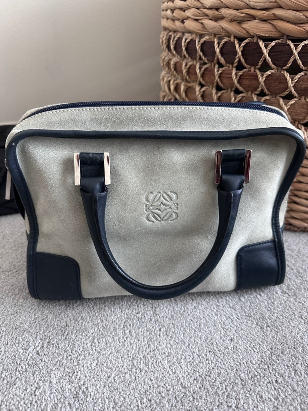 Authentic Loewe Anagram Suede Leather Hand Bag Blue Grey